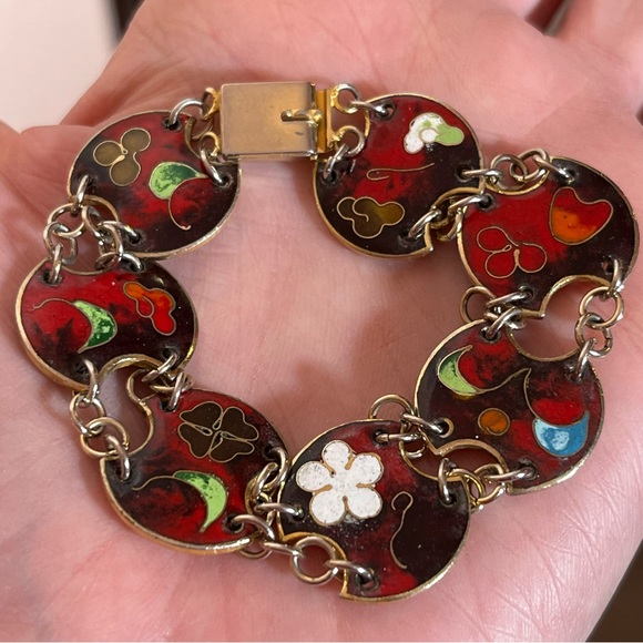 Vintage 1970 modernist designer Red Enamel Cloisonné abstract Bracelet